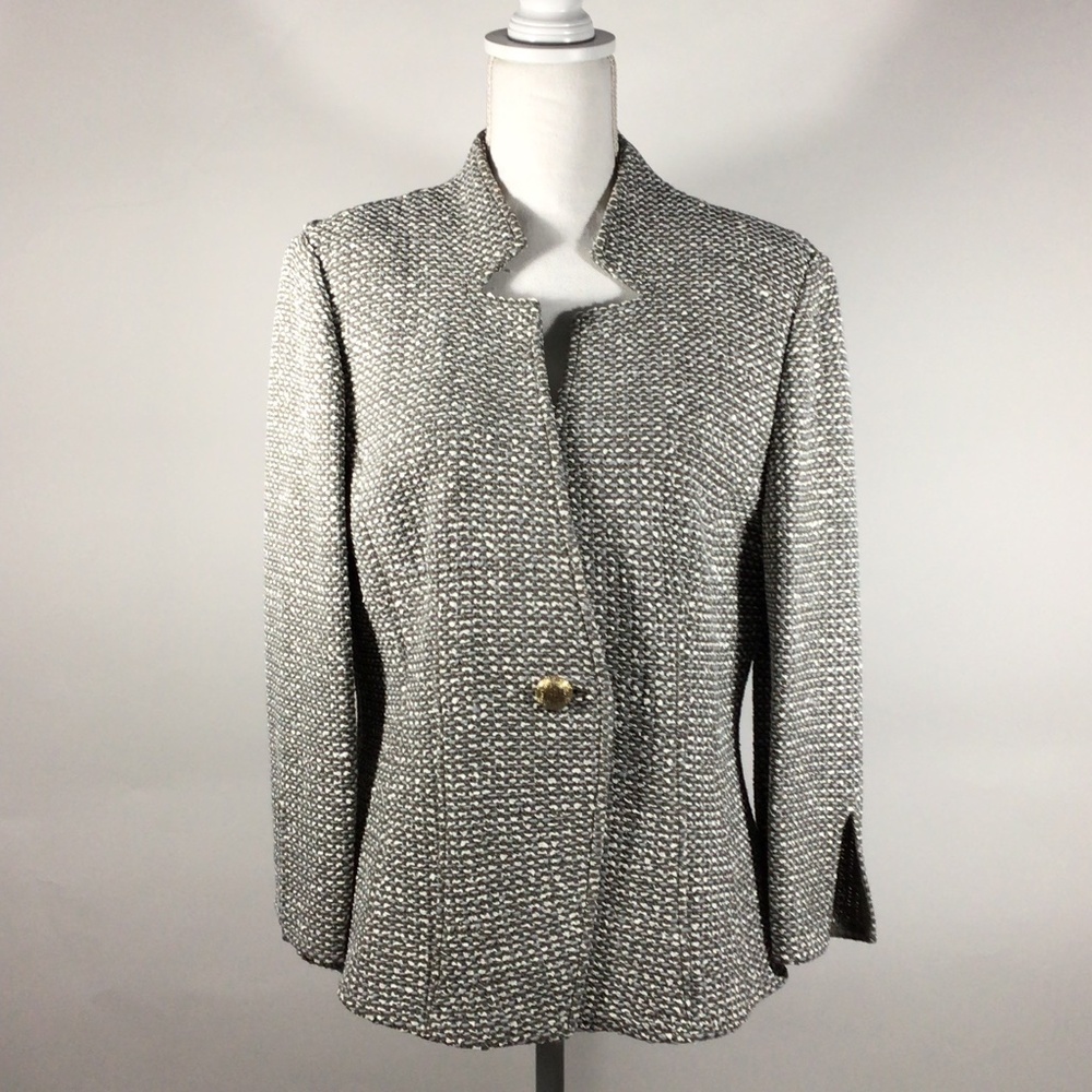 St. John Tweed Knit One Button Blazer Jacket Taupe Gray White Luxury Size 10